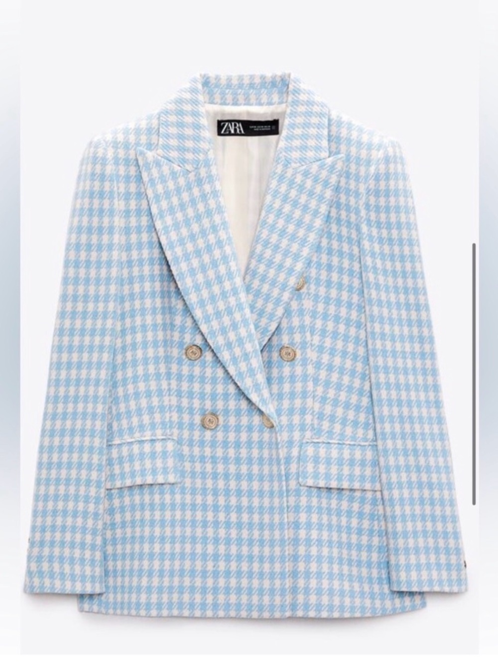 Zara Blue Gingham Houndstooth Tweed Blazer Jacket S Long Sleeve Double Breasted